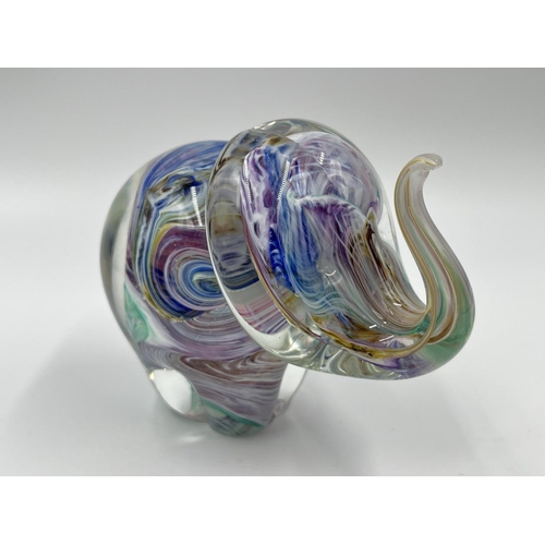 14 - Three studio glass elephant paperweights to include Avondale, Mtarfa Glass etc.