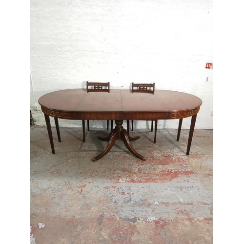 232 - A Bevan Funnell Reprodux mahogany extending pedestal dining table and six matching chairs - approx. ... 