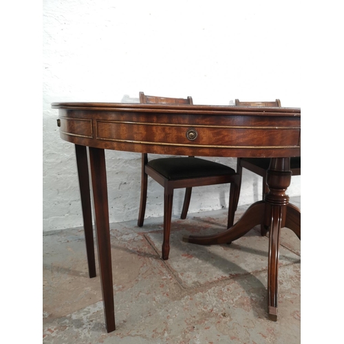 232 - A Bevan Funnell Reprodux mahogany extending pedestal dining table and six matching chairs - approx. ... 