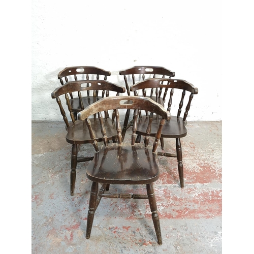 338 - Five Victorian style stained beech bow back dining chairs