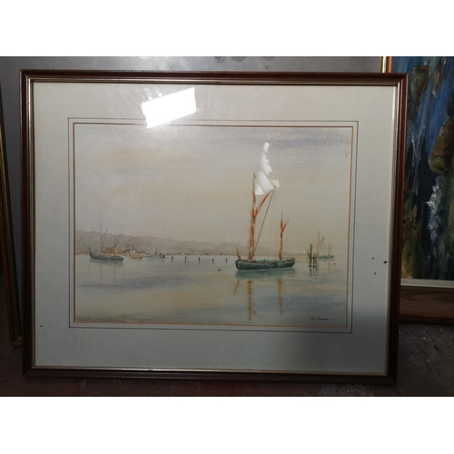 342 - A large collection of assorted pictures to include watercolour of a harbour scene titled 'Barges on ... 