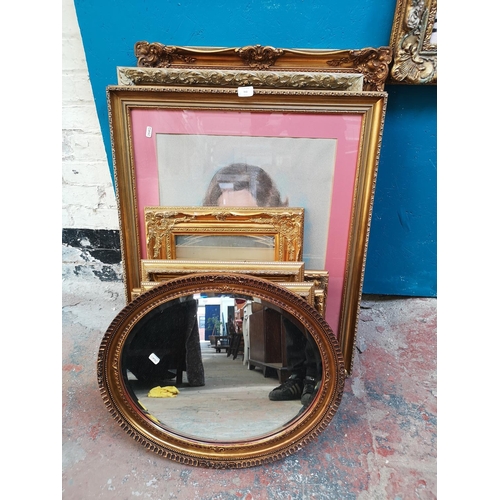 343 - Eight 19th century style gilt framed wall mirrors and one gilt framed pastel portrait signed lower r... 