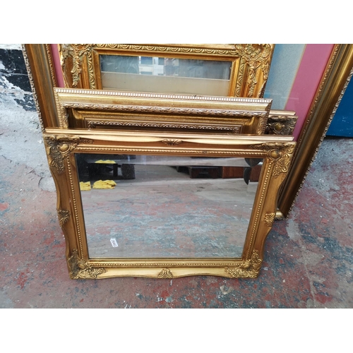 343 - Eight 19th century style gilt framed wall mirrors and one gilt framed pastel portrait signed lower r... 