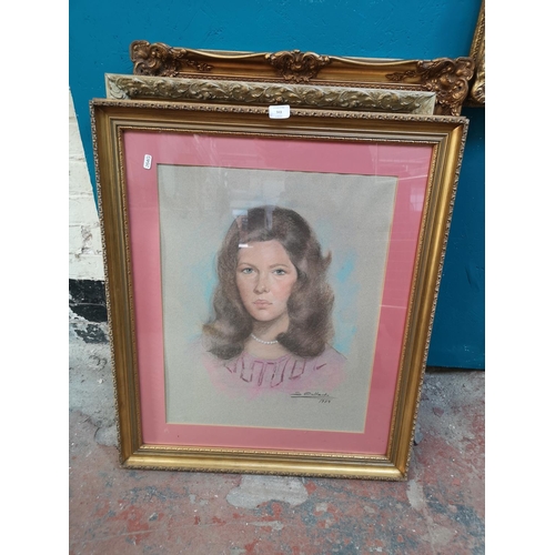 343 - Eight 19th century style gilt framed wall mirrors and one gilt framed pastel portrait signed lower r... 