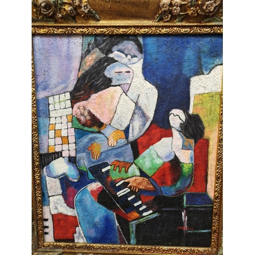 345 - A gilt framed Cubism style oil on canvas signed lower right - approx. 80cm high x 68cm wide