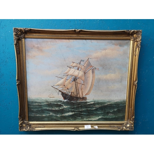 346 - A gilt framed oil on canvas of a sailing ship signed lower right Ambrose - approx. 69cm wide x 59cm ... 