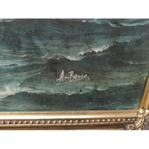 346 - A gilt framed oil on canvas of a sailing ship signed lower right Ambrose - approx. 69cm wide x 59cm ... 