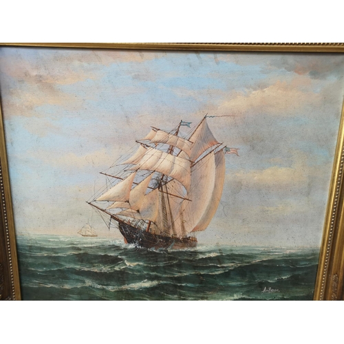 346 - A gilt framed oil on canvas of a sailing ship signed lower right Ambrose - approx. 69cm wide x 59cm ... 