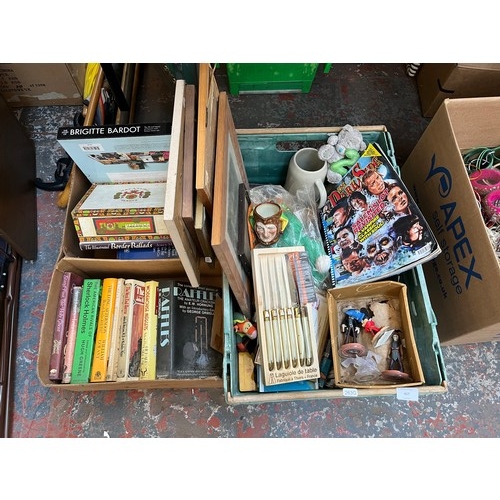 607 - Two boxes containing assorted house clearance items to include framed prints, books, Royal Doulton J... 