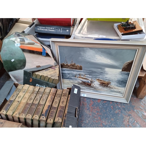 598 - A large collection of assorted house clearance items to include Art Deco style bevelled edge wall ha... 