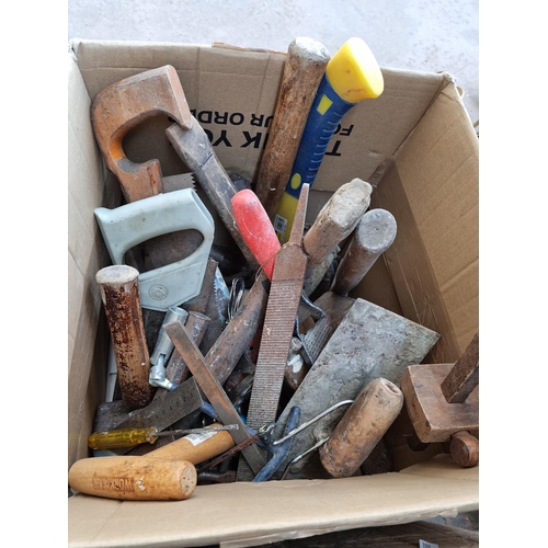 599 - Two boxes containing a large quantity of assorted hand tools to include Blue Spot Pro Series axe, fi... 