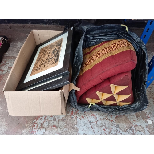 604 - A box and a bag containing assorted Oriental items to include carved hardwood Buddha wall plaque, ca... 