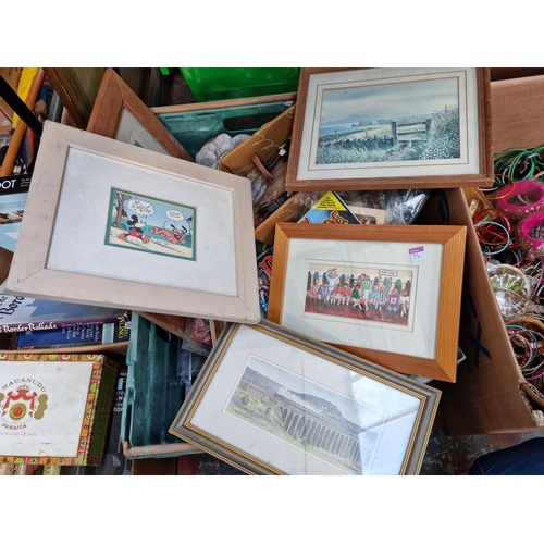 607 - Two boxes containing assorted house clearance items to include framed prints, books, Royal Doulton J... 