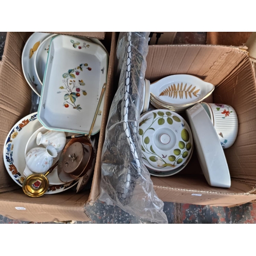 609 - Seven boxes containing assorted house clearance items to include boxed Wedgwood Angela trinket dish,... 