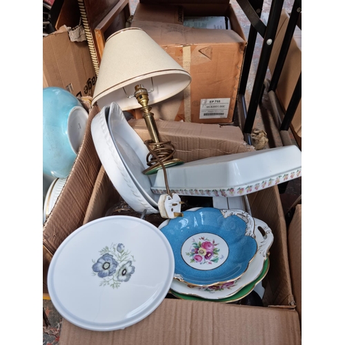 609 - Seven boxes containing assorted house clearance items to include boxed Wedgwood Angela trinket dish,... 