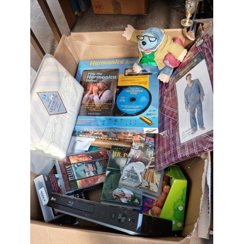 612 - Two boxes containing assorted house clearance items to include Claude Monet prints, LG BP 250 Blu Ra... 