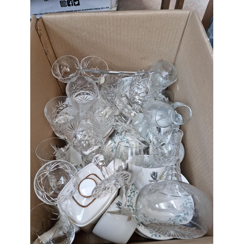 613 - Two boxes containing assorted house clearance items to include Tuscan China part tea set, EPNS souve... 