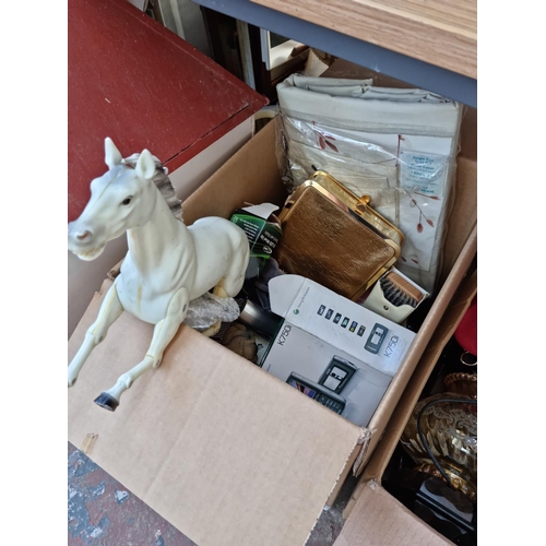 615 - Four boxes containing assorted house clearance items to include hand painted wooden dolls house - ap... 