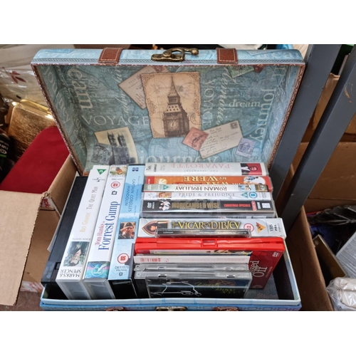 615 - Four boxes containing assorted house clearance items to include hand painted wooden dolls house - ap... 