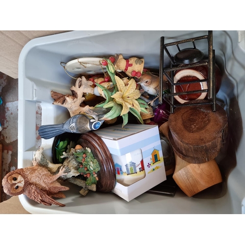 617 - Five boxes containing assorted house clearance items to include elephant figurines, puzzle books, Jo... 