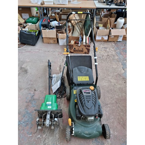 594 - Two garden items, one 98.5cc petrol powered lawn mower and one Andrew James 240v cultivator