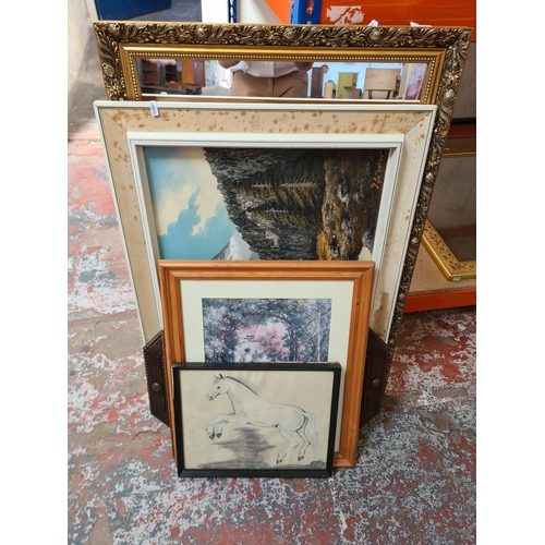 350A - Six various pictures and mirrors to include early 20th century oak framed bevelled edge octagonal wa... 