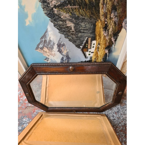 350A - Six various pictures and mirrors to include early 20th century oak framed bevelled edge octagonal wa... 