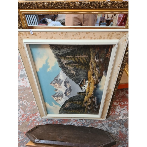 350A - Six various pictures and mirrors to include early 20th century oak framed bevelled edge octagonal wa... 