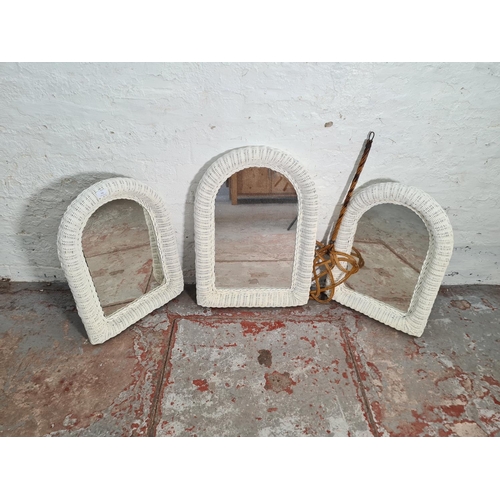 352 - Four wicker items, three white painted wall mirrors - approx. 61cm high x 46cm wide and one carpet b... 