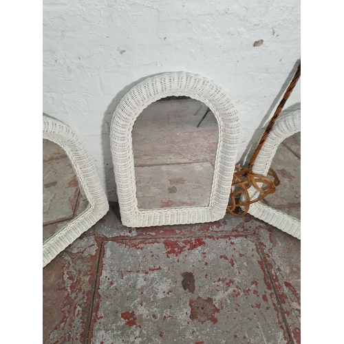 352 - Four wicker items, three white painted wall mirrors - approx. 61cm high x 46cm wide and one carpet b... 