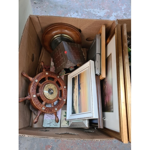 659 - Three boxes containing assorted items to include framed prints, mahogany cased barometer, ceramic fi... 