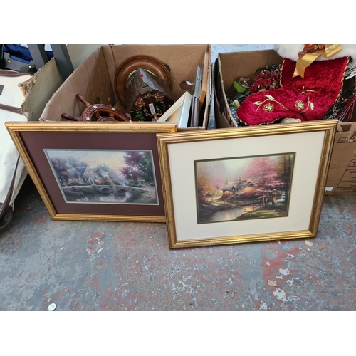 659 - Three boxes containing assorted items to include framed prints, mahogany cased barometer, ceramic fi... 