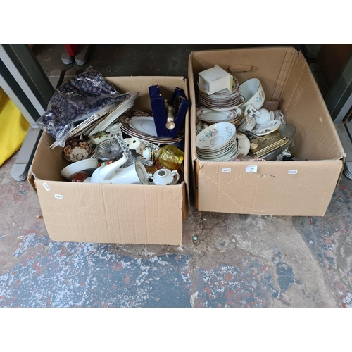 648 - Two boxes containing assorted items to include cut crystal glassware, Royal Albert Heirloom tea set,... 