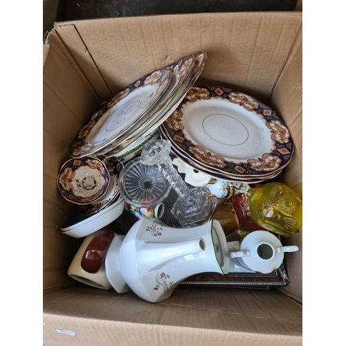 648 - Two boxes containing assorted items to include cut crystal glassware, Royal Albert Heirloom tea set,... 