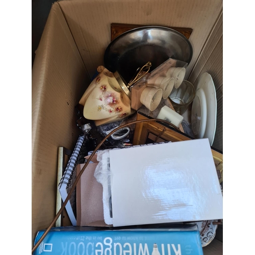 649 - Five boxes and one vintage leather suitcase containing assorted items to include boxed Luminarc bran... 