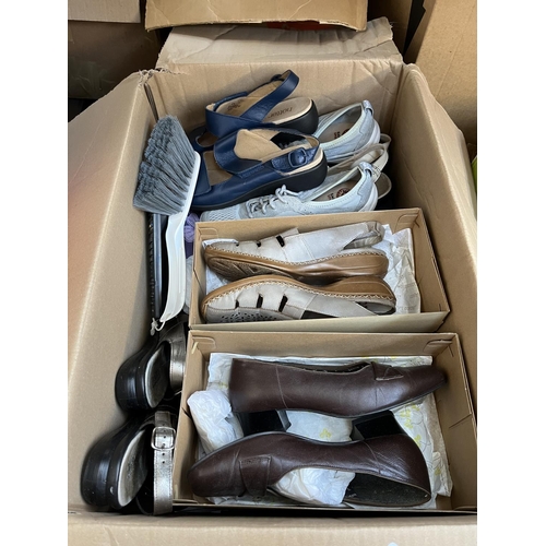 622 - Three boxes containing assorted items to include two pairs of boxed size 6 ladies shoes, boxed Guard... 