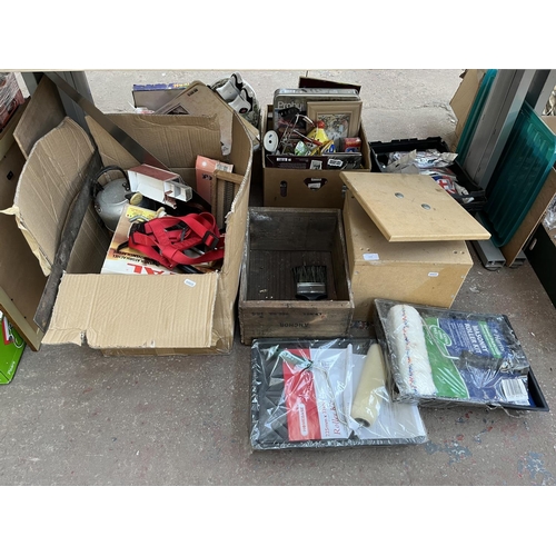 624 - A box containing assorted items to include Performance Power cordless drill, boxed Tefal heater etc.