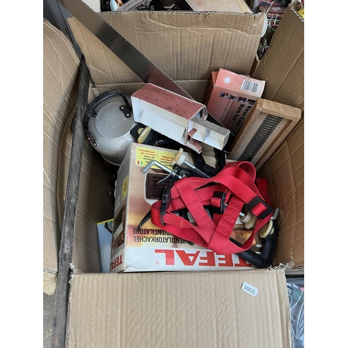 624 - A box containing assorted items to include Performance Power cordless drill, boxed Tefal heater etc.