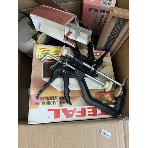 624 - A box containing assorted items to include Performance Power cordless drill, boxed Tefal heater etc.