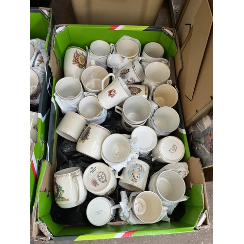 625 - Three boxes containing assorted ceramic commemorative mugs