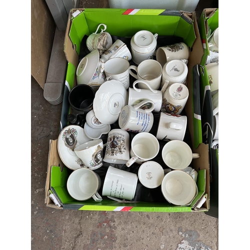 625 - Three boxes containing assorted ceramic commemorative mugs