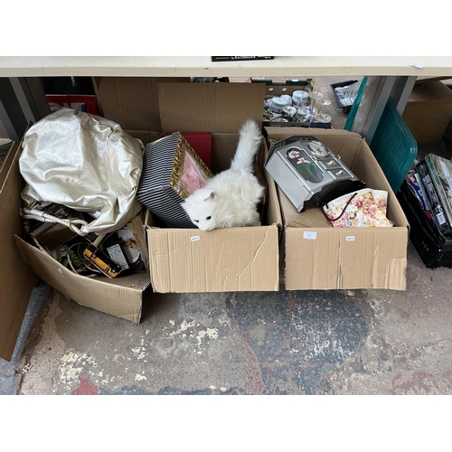 630 - Three boxes of assorted items to include treenware, reciprocating toy cat, ceramics, diecast model b... 