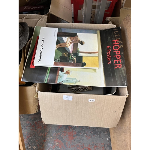 631 - Three boxes of assorted items to include trilby hats, books, beech artist's easel, framed pictures, ... 