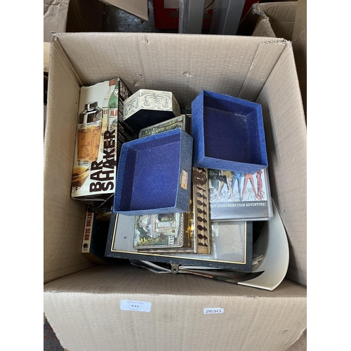 631 - Three boxes of assorted items to include trilby hats, books, beech artist's easel, framed pictures, ... 