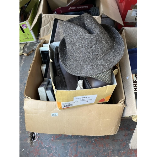 631 - Three boxes of assorted items to include trilby hats, books, beech artist's easel, framed pictures, ... 