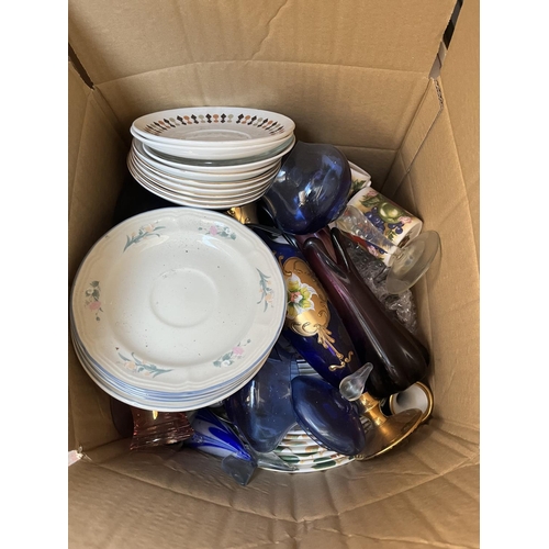 633 - Three boxes containing assorted items to include Murano style art glass vases, silver plated ware, c... 