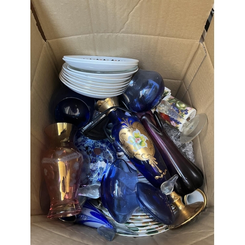 633 - Three boxes containing assorted items to include Murano style art glass vases, silver plated ware, c... 