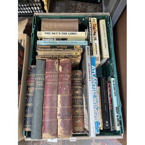 634 - Three boxes containing assorted books to include Victorian Punch volumes 80, 82 & 85, Victorian The ... 