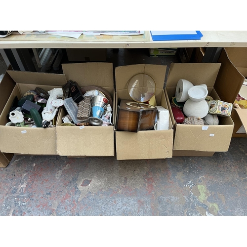 636 - Four boxes containing assorted items to include mid 20th century mantle clock, treenware, vintage me... 