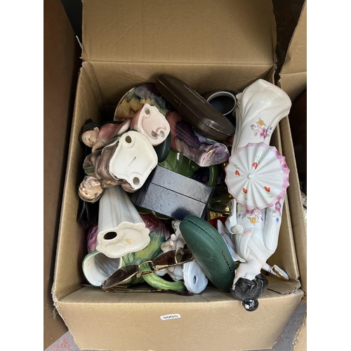 636 - Four boxes containing assorted items to include mid 20th century mantle clock, treenware, vintage me... 